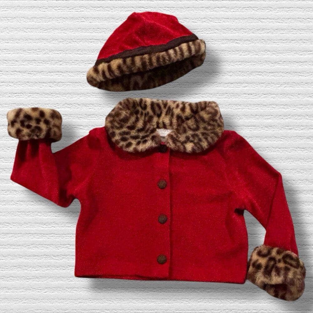 American Girl Bitty Baby Red Holiday Coat & Hat 1999 Faux Fur Leopard Trim S/M